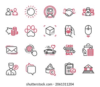 Vector Set of Business icons related to Dog paw, Messenger mail and Collagen skin icons. Metro subway, Communication and Handshake signs. Cashback card, Valet servant and Honeymoon travel. Vector