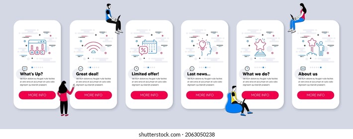 Vector Set of Business icons related to Discounts calendar, Winner and Wifi icons. UI phone app screens with teamwork. Survey results, Idea and Star line symbols. Vector