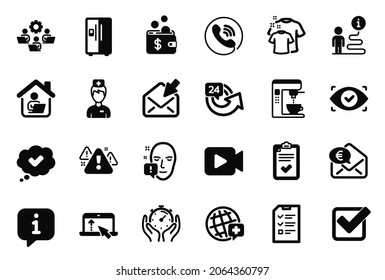 Vector Set of Business icons related to Checkbox, Doctor and Timer icons. Swipe up, Approved and Work home signs. Refrigerator, Biometric eye and Interview. Checklist, Warning and 24 hours. Vector