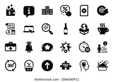 Vector Set of Business icons related to Portable computer, Quick tips and Delivery service icons. Bell, Accounting and Hand washing signs. Coffee, Video conference and Swipe up. Beer. Vector