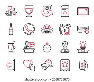 Vector Set of Business icons related to Winner podium, Employees wealth and Coffee cup icons. 360 degrees, Loyalty ticket and Businessman person signs. Wine glass, Call center and Time. Vector