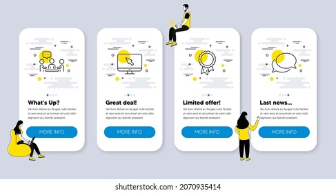 Vector Set of Business icons related to People chatting, Internet and Success icons. UI phone app screens with people. Messenger line symbols. Conference, Monitor with cursor, Award reward. Vector