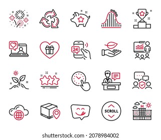 Vector Set of Business icons related to Roller coaster, Time management and Winner cup icons. Leaf, Exhibitors and Friends chat signs. Security agency, Presentation and Parcel tracking. Vector