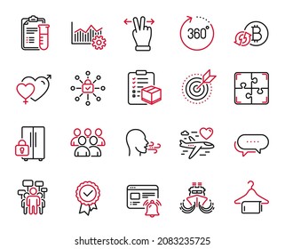 Vector Set of Business icons related to Tested stamp, Male female and Security lock icons. Puzzle, Group and Ship signs. Operational excellence, Parcel checklist and Honeymoon travel. Vector