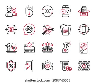 Vector Set of Business icons related to Full rotation, Target and Phone survey icons. Documents, Exit and Couple signs. Winner cup, Artificial intelligence and Loyalty card. Pets care, Hdd. Vector