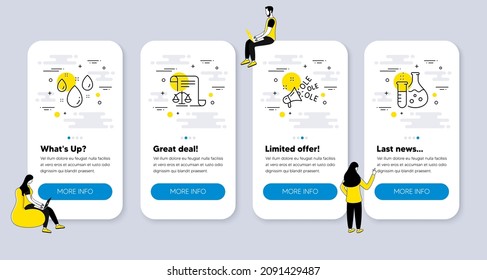 Vector Set of Business icons related to Ole chant, Legal documents and Rainy weather icons. UI phone app screens with people. Chemistry flask line symbols. Megaphone, Justice scale, Water drop. Vector