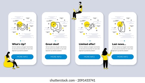 Vector Set of Business icons related to Food, Love message and Recovery data icons. UI phone app screens with people. Water bottle line symbols. Restaurant, Heart, Backup info. Mint leaf drink. Vector