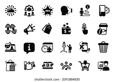 Vector Set Of Business Icons Related To Megaphone, Swipe Up And Blood Donation Icons. Shopping, Engineering Team And Puzzle Time Signs. Launch Project, New Star And Dumbbells. Trash Bin. Vector