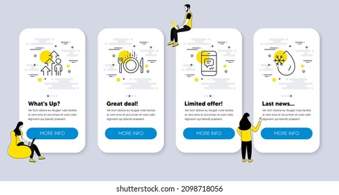 Vektorset von Business-Symbolen zu Message, Employee result und Food. UI-Telefon-App-Bildschirme mit Menschen. Symbole für die Wasserlinie einfrieren. Telefon Boten, Geschäftswachstum, Kuppel. Vektorgrafik