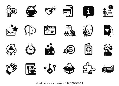 Vector Set of Business icons related to Passport, Face id and Hand icons. Dating app, Correct way and Return package signs. Favorite mail, Online shopping and Cogwheel. Refrigerator app. Vector