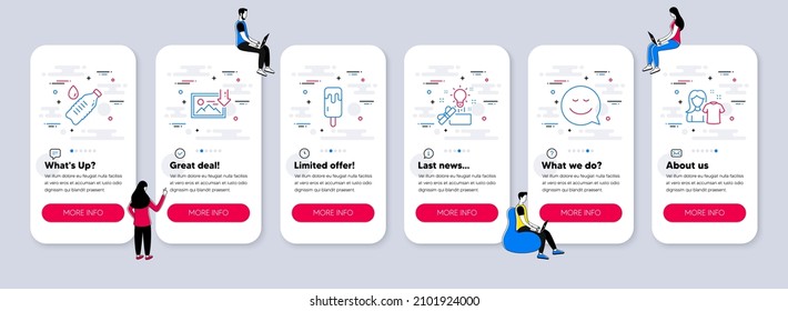 Vector Set of Business icons related to Water bottle, Ice cream and Creative idea icons. UI phone app screens with teamwork. Smile, Download photo and Clean shirt line symbols. Vector