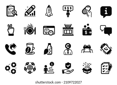 Vector Set of Business icons related to Survey checklist, Water bottle and Gears icons. Coffee cup, Edit statistics and Rocket signs. Call center, Gift and Food. Shop, Eco organic. Vector