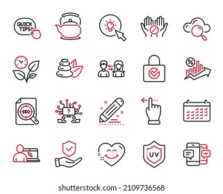 Vector Set of Business icons related to Cloud computing, Energy and Teapot icons. Leaves, Teamwork question and Uv protection signs. Password encryption, Calendar and Spa stones. Seo file. Vector