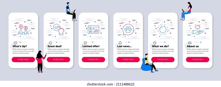 Vector Set of Business icons related to Checkbox, Pets care and Ab testing icons. UI phone app screens with teamwork. Seo statistics, Sun energy and Hold heart line symbols. Vector