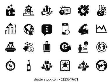 Vector Set of Business icons related to Analysis graph, Travel compass and Vip podium icons. Recovery phone, Teamwork question and Outsourcing signs. Online quiz, Beer and Dollar exchange. Vector