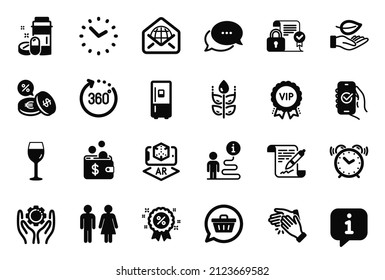 Vector Set of Business icons related to Clapping hands, Restroom and Refrigerator icons. Gluten free, 360 degrees and Wine glass signs. Employee hand, Alarm clock and Medical drugs. Leaf. Vector