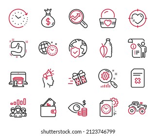 Vector Set of Business icons related to Search statistics, Delete file and Like icons. Water bottle, Teamwork results and Money bag signs. Brand ambassador, Wallet and Manual doc. Tractor. Vector