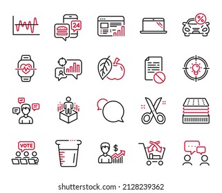 Vector Set of Business icons related to Food app, Stock analysis and Cooking beaker icons. Scissors, Seo statistics and Wrong file signs. Augmented reality, Online voting and Idea. Laptop. Vector