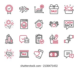 Vector Set of Business icons related to Money transfer, Sale and Medical drugs icons. Fireworks, Comment and Work home signs. Skyscraper buildings, Click hands and Payment. Sale offer. Vector