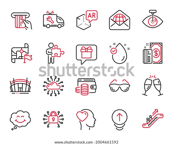 Vector Set of Business icons related to Wish list,\
Payment and Swipe up icons. Vitamin e, Destination flag and Smile\
signs. Friend, Augmented reality and Puzzle. Credit card, Arena\
stadium. Vector