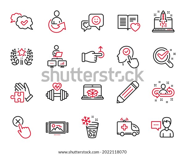 Vector Set of Business icons related to Online
delivery, Smile and Recruitment icons. Chemistry lab, Love book and
Select user signs. Ambulance car, Drag drop and Dumbbell. Image
carousel. Vector