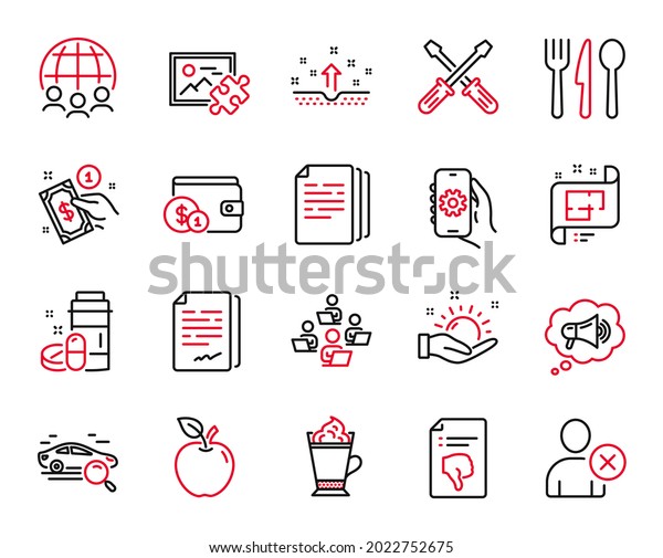 Vector Set of Business icons related to Clean\
skin, Payment method and Megaphone icons. Latte coffee, Thumb down\
and Apple signs. App settings, Medical drugs and Sunny weather.\
Teamwork. Vector