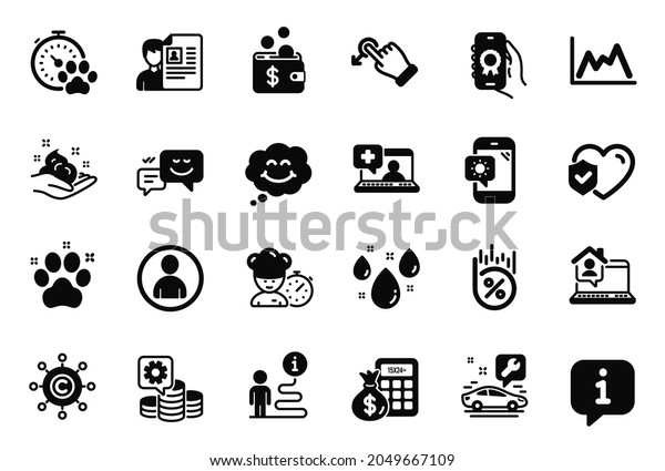 Vector Set of Business icons related to Medical\
help, Smile and Car service icons. Rainy weather, Pet friendly and\
Making money signs. Copywriting network, Chef and Drag drop. Loan\
percent. Vector