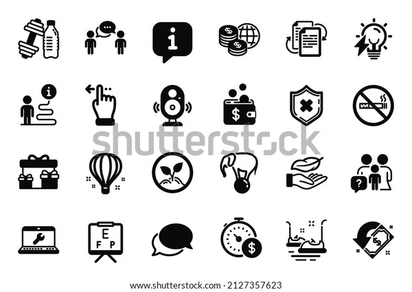 Vector Set of Business icons related to
Electricity bulb, Lightweight and Last minute icons. Elephant on
ball, World money and Dumbbell signs. Air balloon, Bumper cars and
Bureaucracy. Vector