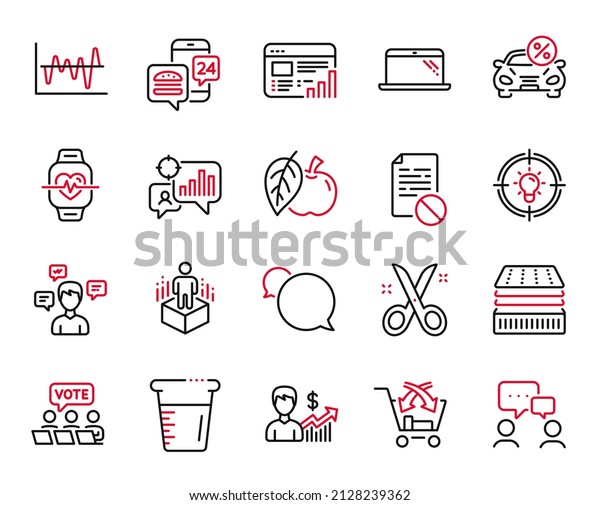 Vector Set of Business icons related to Food app,
Stock analysis and Cooking beaker icons. Scissors, Seo statistics
and Wrong file signs. Augmented reality, Online voting and Idea.
Laptop. Vector