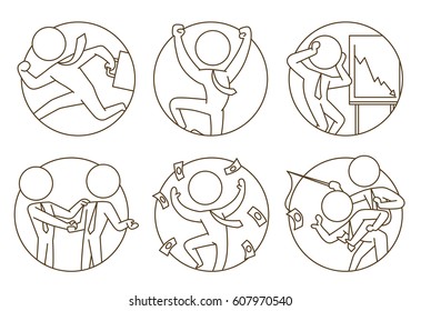 Vector set of business icons: round frames with cartoon images of businessmen in different business situations with various business attributes on a white background. Business, office. Line art. 