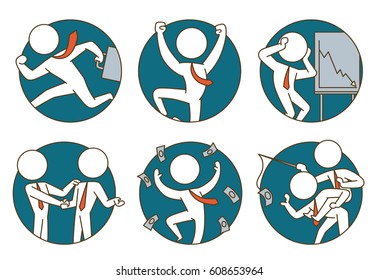 Vector set of business icons: round blue frames with cartoon images of businessmen on a white background.