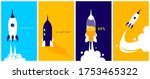 Vector set of business illustration of fly up spaceship on color background with white cloud trace and word startup. Flat cartoon style creative idea template design for startup web banner, poster