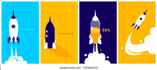 Vector set of business illustration of fly up spaceship on color background with white cloud trace and word startup. Flat cartoon style creative idea template design for startup web banner, poster