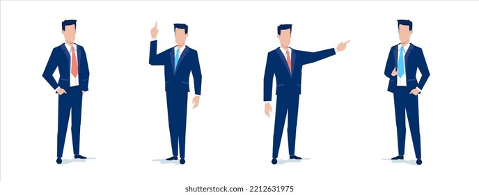 Conjunto de vectores de la ilustración empresarial de un hombre de negocios de pie en un empate en una posición diferente sobre fondo de color blanco. Diseño plano de man manager para banner de medios sociales, afiche de marketing
