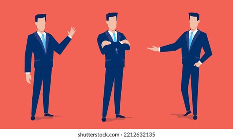 Conjunto de vectores de la ilustración empresarial de un hombre de negocios de pie en un empate en una posición diferente sobre el fondo de color rojo. Diseño plano de man manager para banner de medios sociales, afiche de marketing