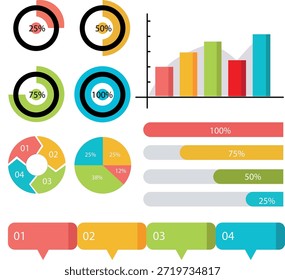 Vector set of business infographic elements including bar graphs, circular percentage charts, workflow diagrams and progress bars in flat style.
