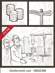 Vector set. Business man in front of house in modern business center area.