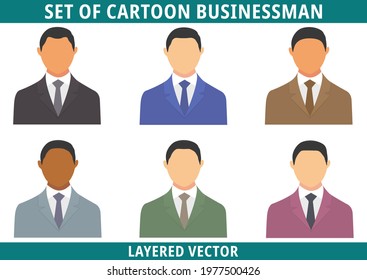 Vector set of business man in suits of different races isolated on white. An illustration of hand-drawn modern design elements. Business people in black, blue, brown, green, gray, burgundy suits.