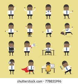 Vector Set of business people. African businessman walking to the success, businessman is in different situations. Vector illustration.