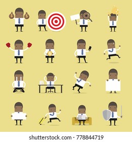 Vector Set of business people. African businessman is in different situations. Vector illustration.