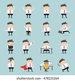 Vector Set of business people. Businessman walking to the success, businessman is in different situations. Vector illustration.