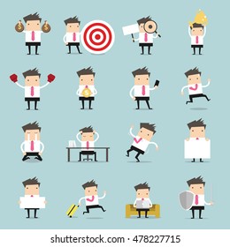 Vector Set of business people. Businessman is in different situations. Vector illustration.