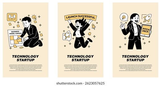 Vector set of business people communicating, planning a business model, celebrating a product launch, and presenting a pitch. for startup strategy and communication themes.