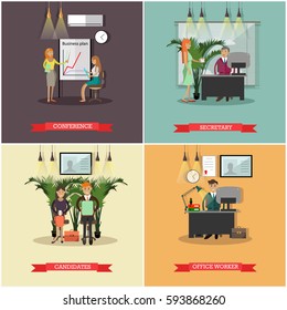 Vector set of business people concept posters, banners. Conference, Secretary, Candidates, Office worker design elements in flat style.