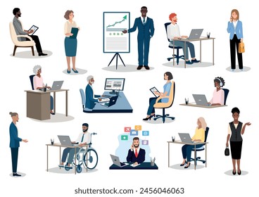 Vector conjunto de gente de negocios. Hombres y mujeres de negocios reuniéndose y discutiendo ganancias, ideas de negocios, estrategia de desarrollo y trabajar en la oficina. Ilustraciones de negocios en estilo plano