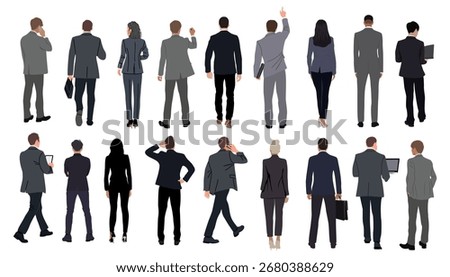 Vector set of business people rear view. Men and women office staff in formal suits from behind, holding briefcase, laptop, phone, pointing and thinking, diverse characters isolated on white