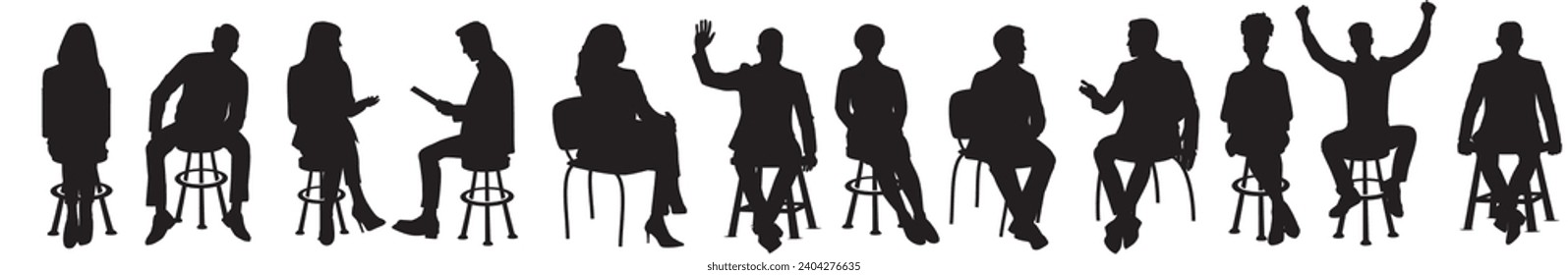 Vector set of business people sitting silhouettes isolated on transparent background. Businessman and businesswomen sitting on stool and chair chatting  working and talking. 