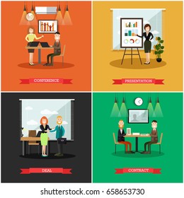 Vector set of business people square posters. Conference, Presentation, Deal and Contract flat style design elements.