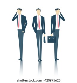 vector set of business people standing face and side with a briefcase and talking on a cell phone, business vector illustration