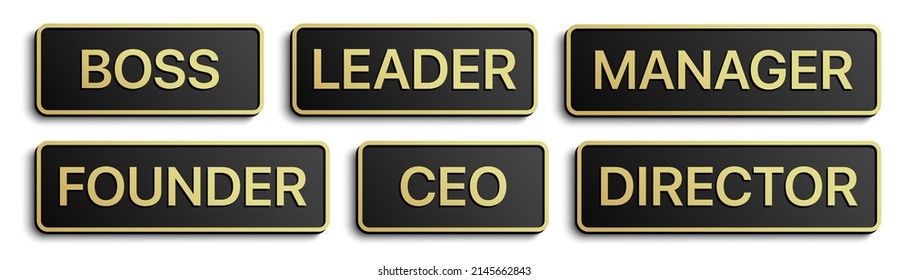 Vector set of business position black badges with golden details, isolated on white background.